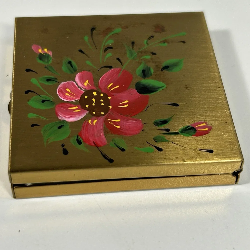 Vintage Compact Case w/Powder Puff, Gold Tone, Hand Painted Flowers READ